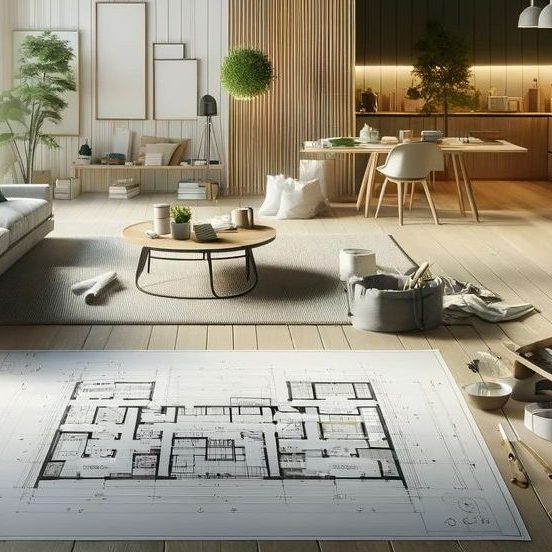 DALL·E 2023-11-28 21.36.27 - An ultra-wide image of a modern living room in the early stages of construction, characterized by a deep depth of field effect. The room exudes calmne