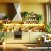 DALL·E 2023-11-28 23.42.21 - A photorealistic rendering of a low poly modern kitchen in a vibrant yellow room, enhanced with foliage and cozy decorations. The kitchen has a sleek,