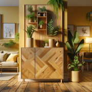 DALL·E 2023-11-28 23.46.46 - A photorealistic rendering of a low poly modern wooden cabinet in a cozy yellow room, adorned with foliage and decorative elements. The wooden cabinet
