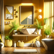 DALL·E 2023-11-28 23.47.54 - A photorealistic rendering of a low poly modern bathroom sink and mirror in a comfortable yellow room, enhanced with foliage and cozy decorations. The