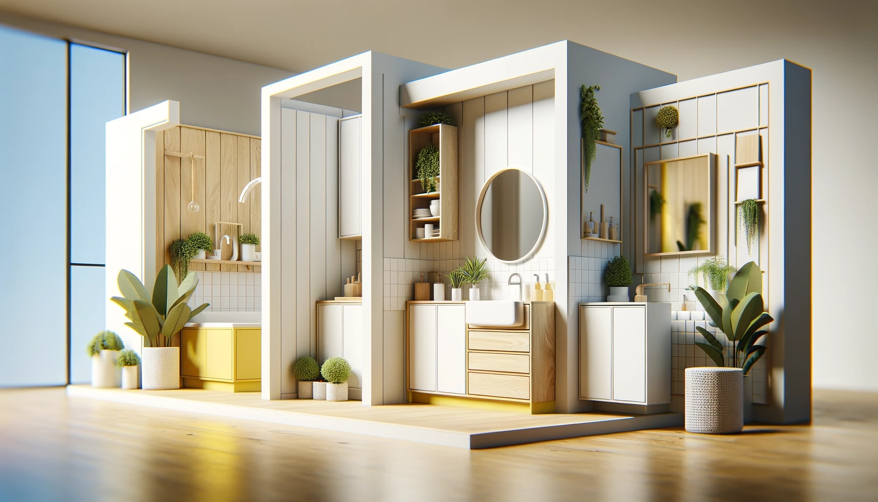 DALL·E 2023-11-30 14.43.56 - A closeup, low poly style rendering showing the fronts of a modern kitchen, a bathroom with a mirror, and a cabinet, with a depth of field effect. The
