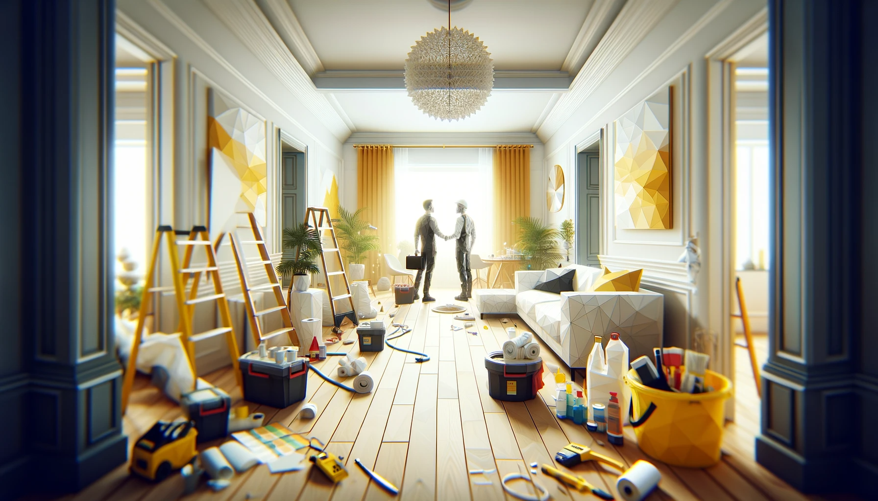 DALL·E 2023-12-03 00.18.50 - A closeup, low poly style rendering of a modern living room with a depth of field effect. The room's modern design features a color palette of white w