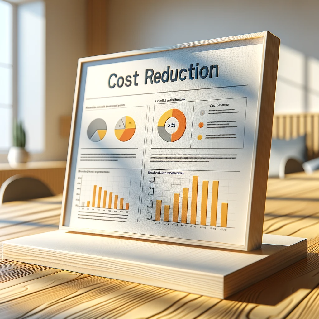 DALL·E 2023-12-03 15.20.58 - A photorealistic, low poly style rendering of a cost reduction presentation, depicted close-up. The presentation includes various charts, deliberately