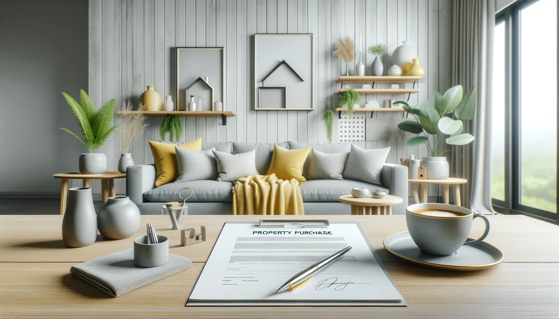 DALL·E 2023-12-11 15.20.05 - A wide-screen image featuring a property purchase document on a wooden table in the foreground, with a modern, spa-like living room in the background