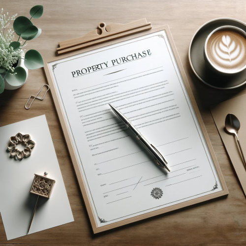 DALL·E 2023-12-11 15.33.50 - A simplified and less cluttered setup of a property purchase document on a wooden table. The document is elegantly placed with a silver pen on top. Ne DALL·E 2023-12-11 15.33.50 - A simplified and less cluttered setup of a property purchase document on a wooden table. The document is elegantly placed with a silver pen on top. Ne