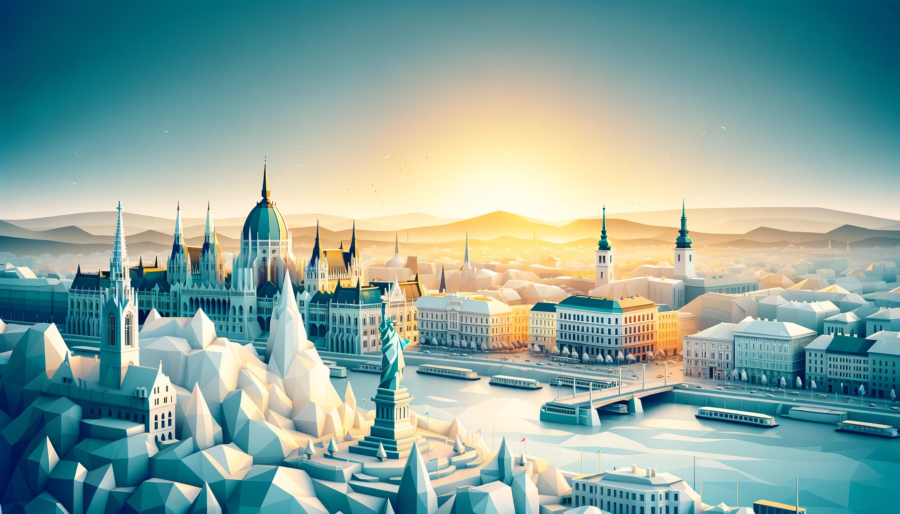 DALL·E 2023-12-11 17.46.38 - A low poly digital art rendering of Budapest during sunrise, with a specific color palette of white, yellow, and blue. The scene should include the Fr