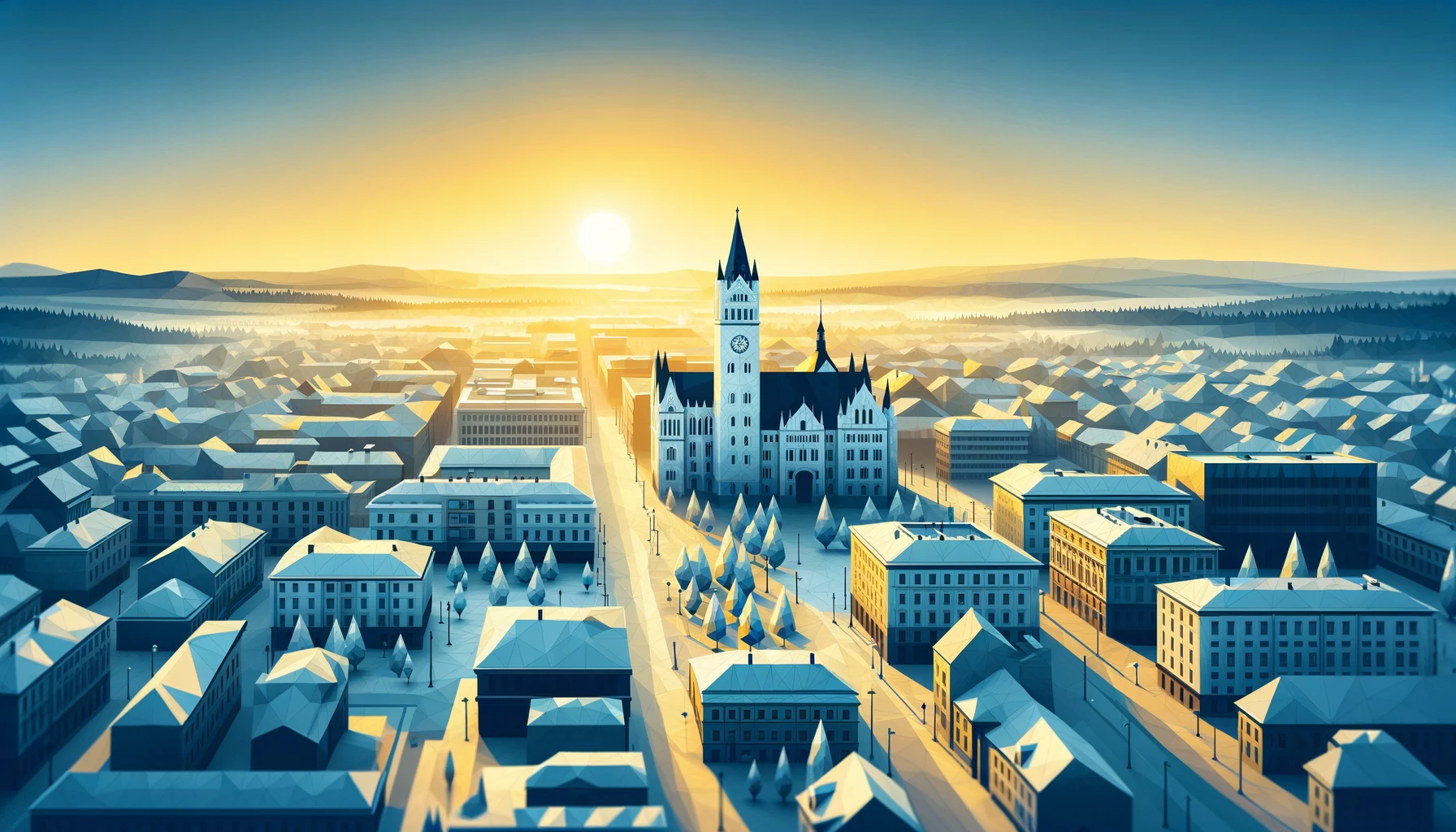 DALL·E 2023-12-11 17.46.44 - A low poly digital art rendering of Zalaegerszeg, Hungary, during sunrise, with a color palette of white, yellow, and blue. The image should capture t