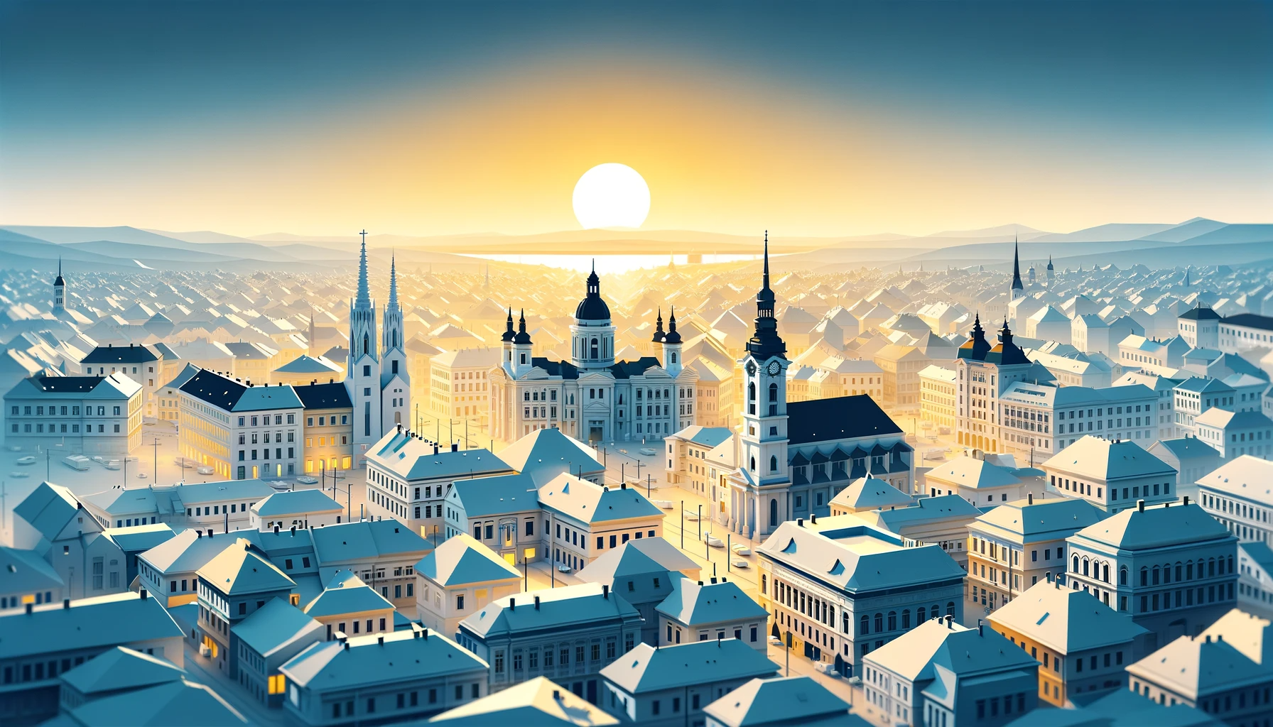 DALL·E 2023-12-11 17.46.52 - A low poly digital art rendering of Székesfehérvár, Hungary, during sunrise, with a color palette of white, yellow, and blue. The image should highlig